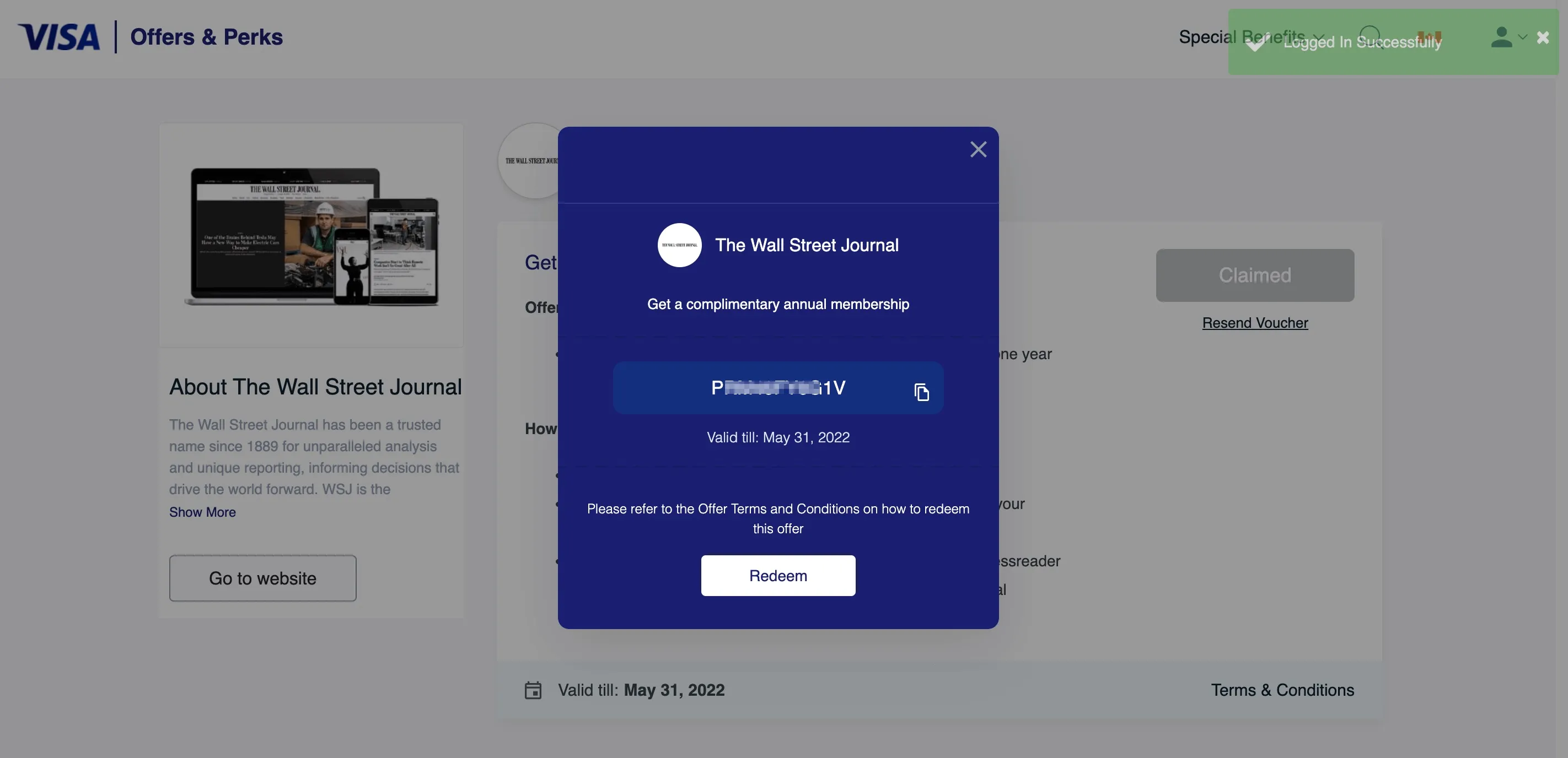 Visa Offers & Perks page showing The Wall Street Journal membership offer modal with promo code PRESSV1