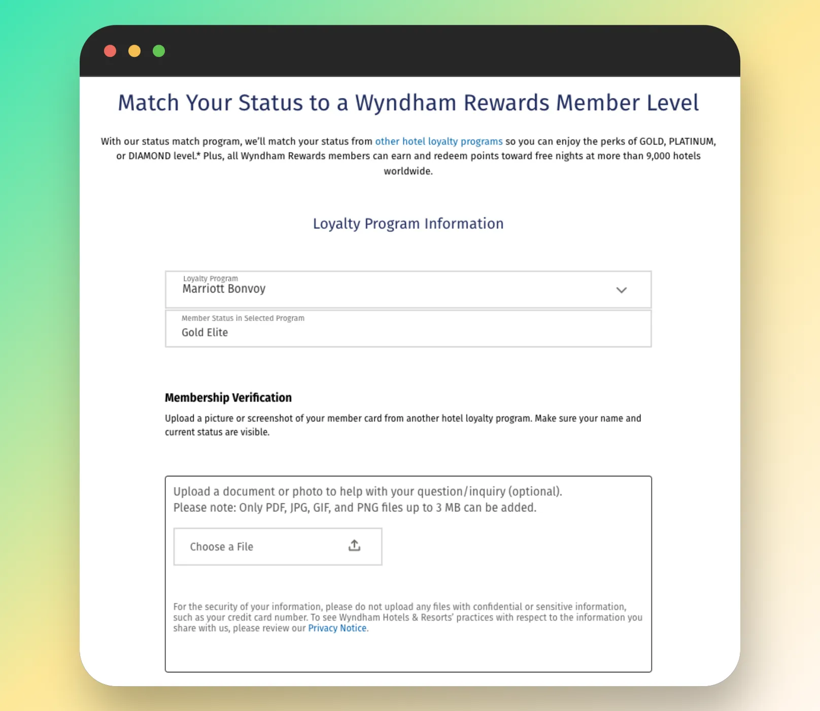 Wyndham Rewards status match program webpage with Marriott Bonvoy to Gold Elite conversion form