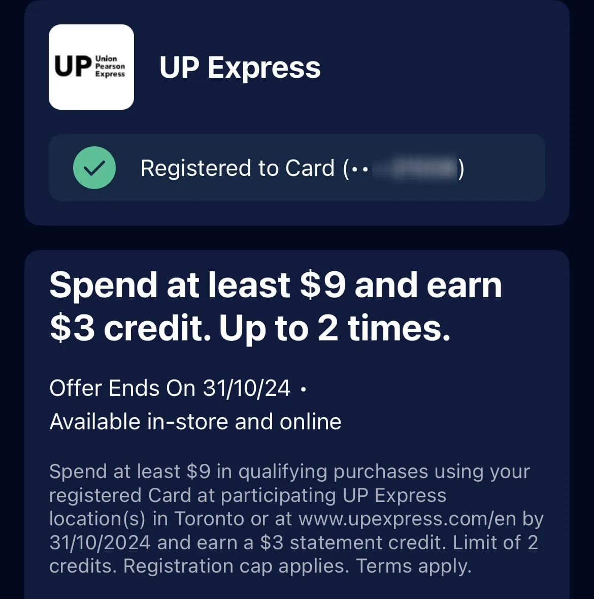 UP Express credit card offer showing $3 statement credit for $9 spend, up to 2 times, registered to card